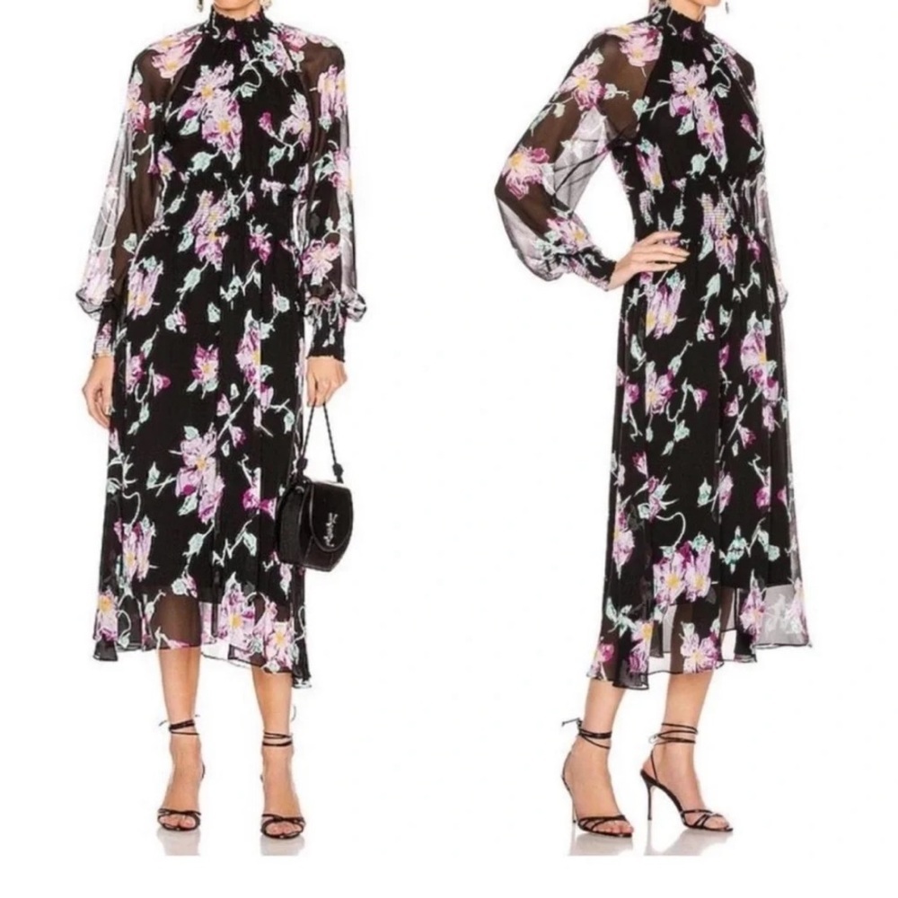 A.L.C. Casey Floral Silk Long Sleeve Midi Mock Neck Dress Women's Size 4
